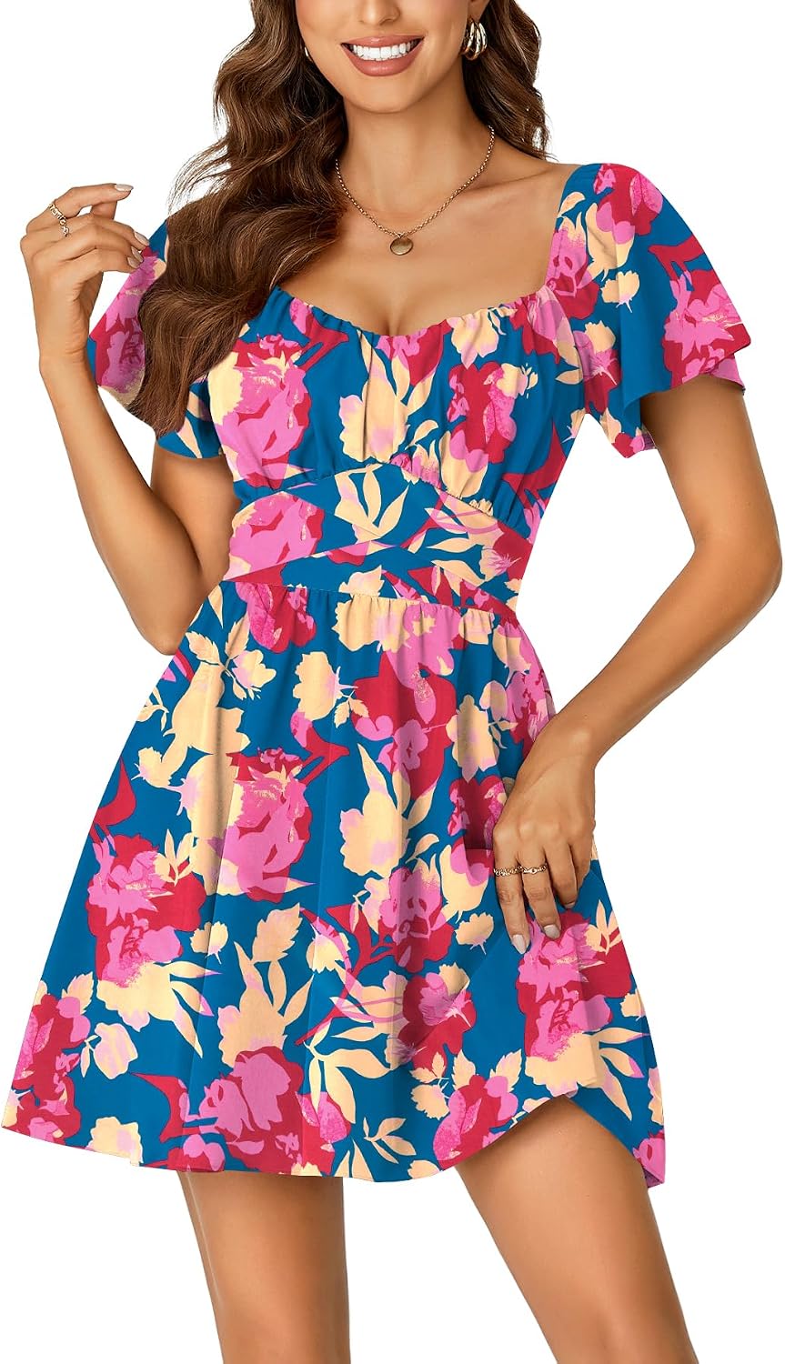 Rooscier Women's Tie Back Short Sleeve Mini Dress | Square Neck Wrap Ruffle Sleeve Flare Dresses