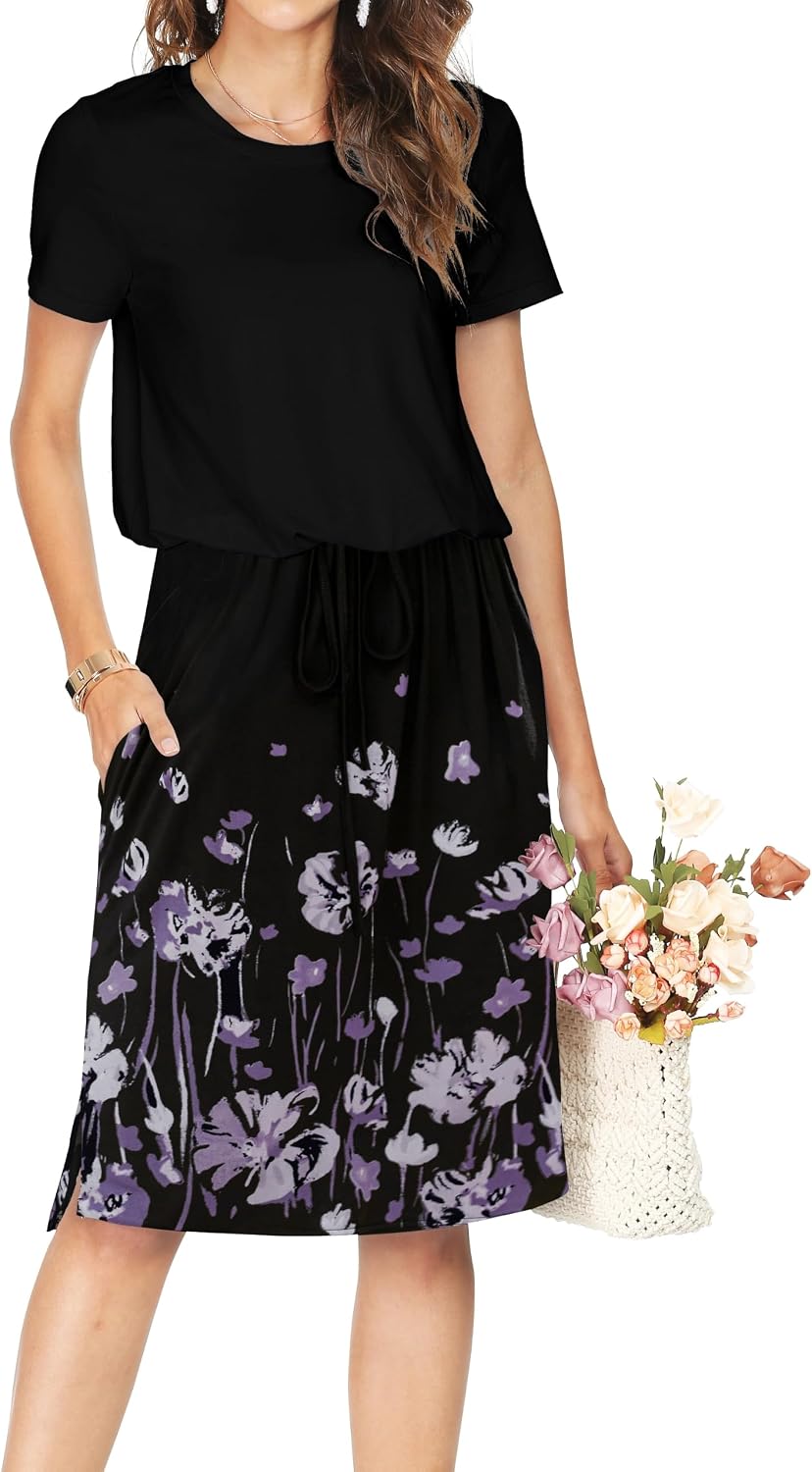 Simier Fariry Womens Summer Hide Belly Knee Length Travel Dress Pocket Short Sleeve Midi Work Casual Outfits
