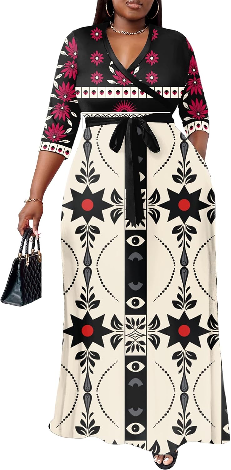 Nmoder Plus Size Maxi Dresses for Curvy Women -Summer Casual Long Fit Dress | Semi Formal, 3\/4 Sleeve V-Neck Flowy Dress, With Pockets And Belt, XL- 6XL