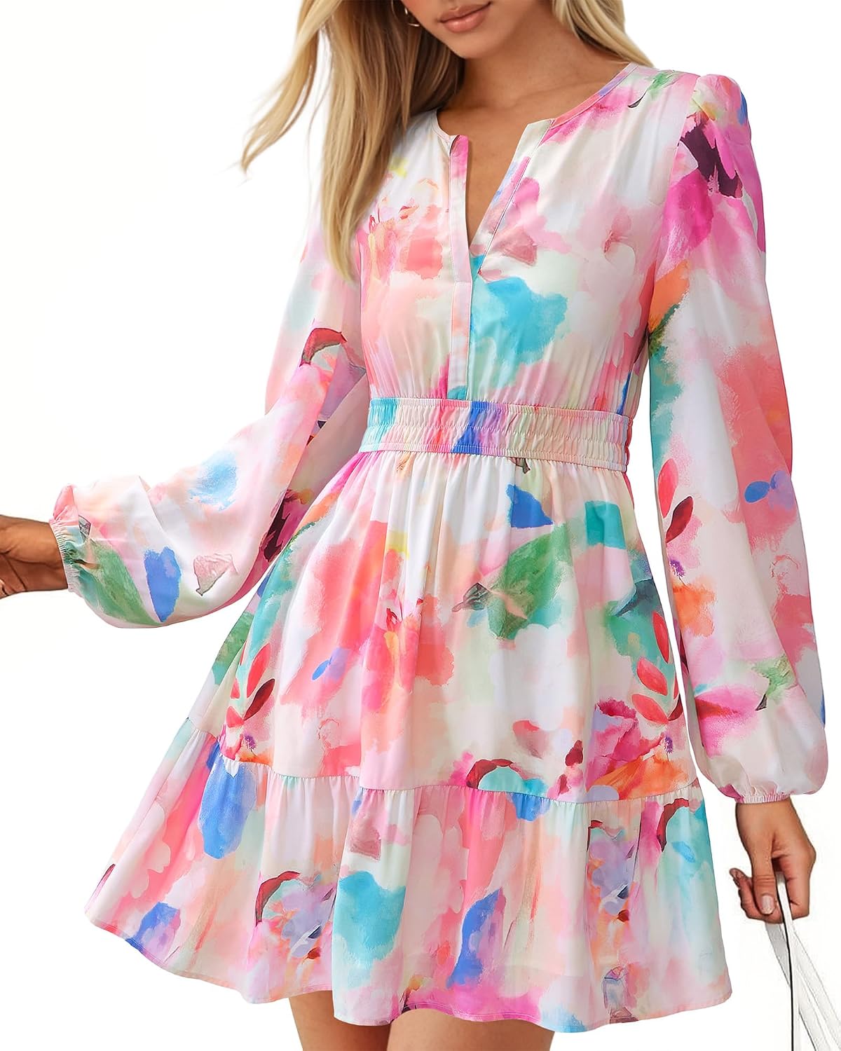 BTFBM Fall Dresses for Women 2026 Trendy Floral Long Sleeve Mini Dress | V Neck Elastic High Waist Knee Length A Line Flowy, Casual Dress Pockets, Holiday Party Vacation Cocktail Wedding Guest Dress