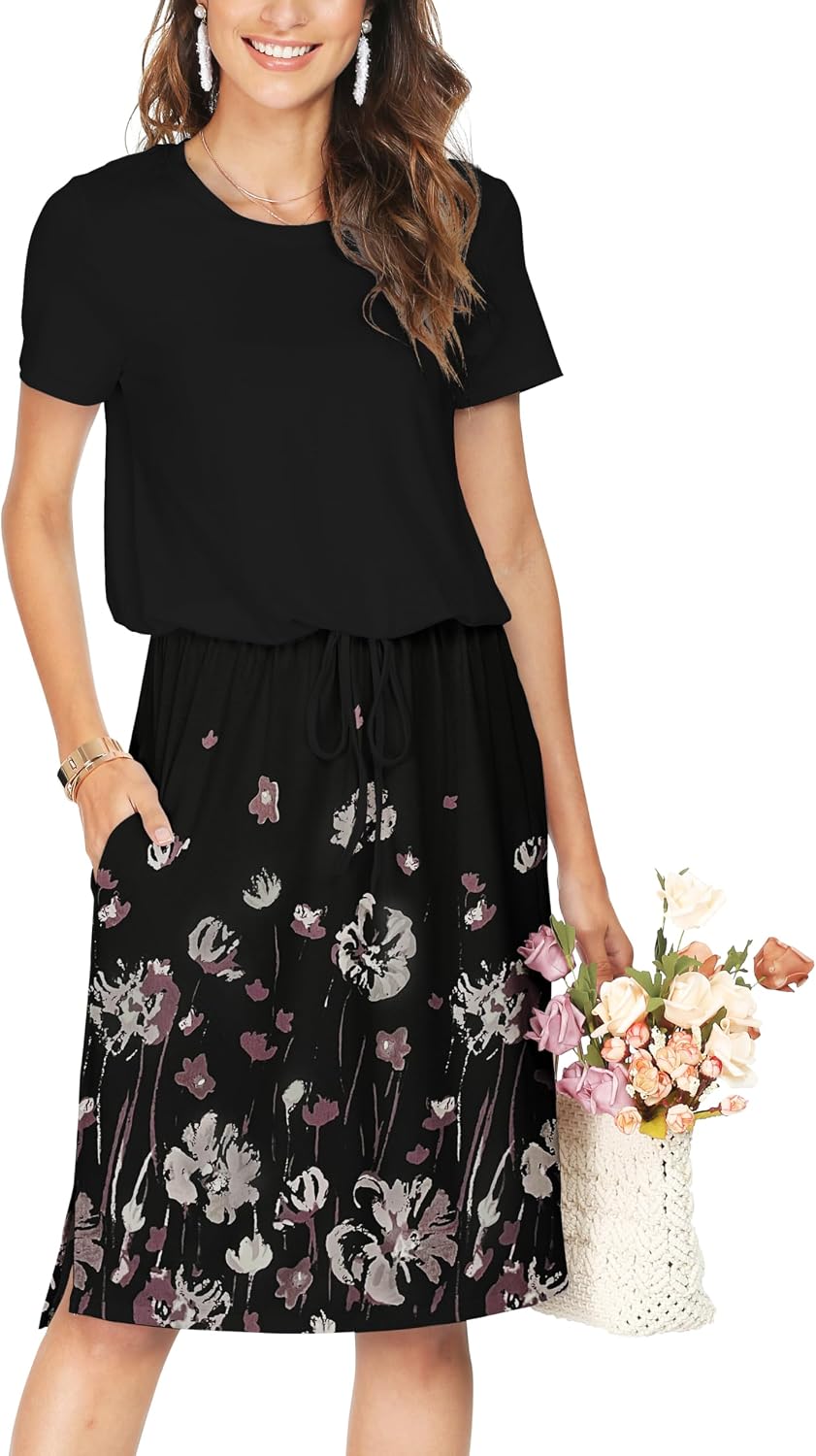 Simier Fariry Womens Summer Hide Belly Knee Length Travel Dress Pocket Short Sleeve Midi Work Casual Outfits