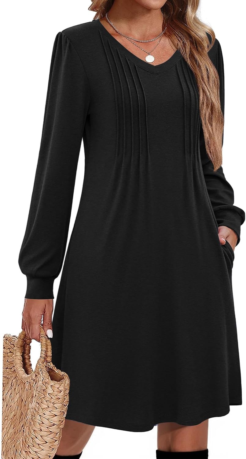 Zeagoo Fall Dresses for Women Long Sleeve Casual Pleated V Neck Dress 2026 A Line Tunic Dress
