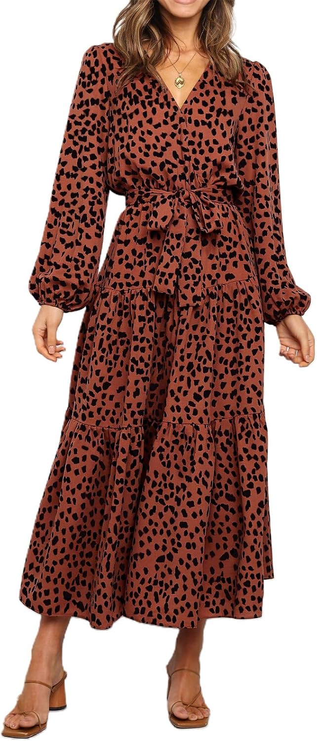 PRETTYGARDEN Womens Long Sleeve Boho Floral Wrap Maxi Dress | Fall Wedding Guest Dresses 2026, Chiffon Flowy Long Dresses, Casual Tie Waist V Neck Dress, Modest A Line Ruffle Tiered Dress