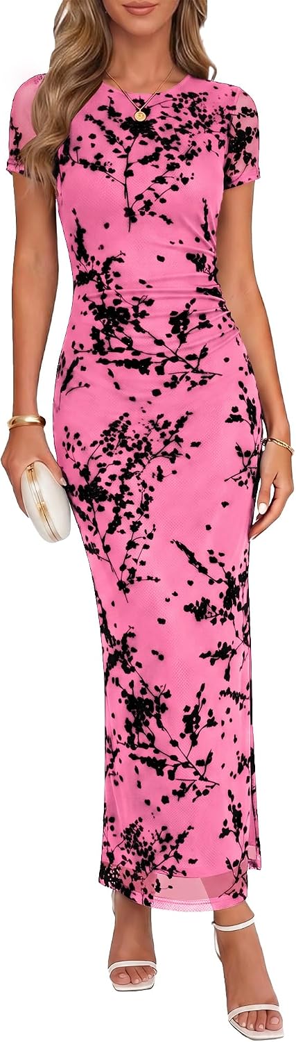 Chunpin Women's 2026 Floral Bodycon Maxi Dress Formal Cocktail Dresses | Wedding Guest Dresses for Women, Ruched Mesh, Elegant Dress, Party Dress, Crew Neck&Short Sleeve, Slit, Summer
