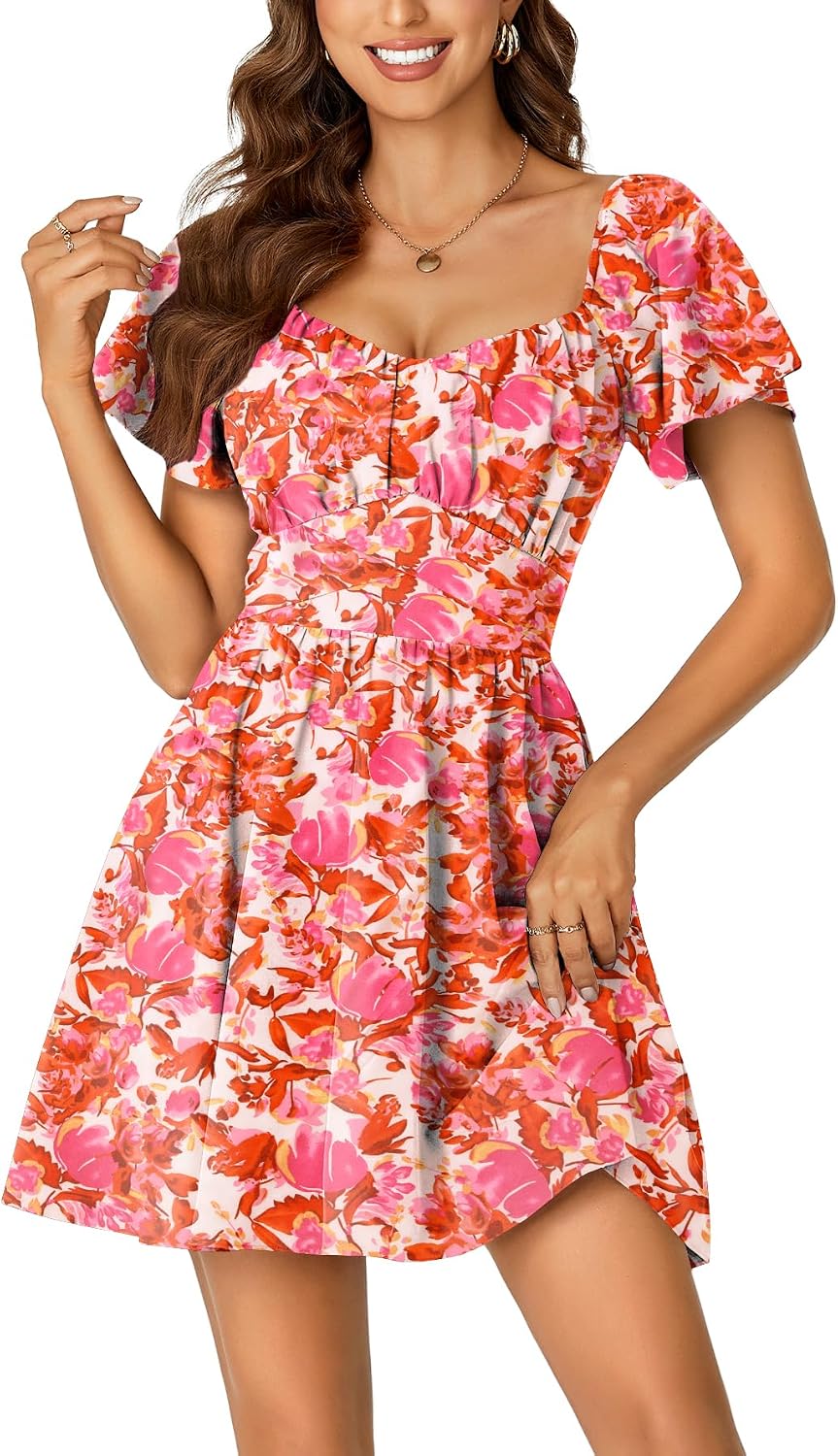 Rooscier Women's Tie Back Short Sleeve Mini Dress | Square Neck Wrap Ruffle Sleeve Flare Dresses