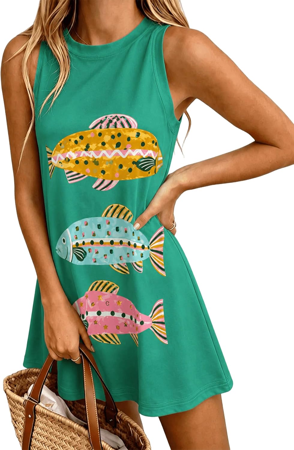 LOVESHOOT Womens Tank Dresses Summer Casual Mini Sleeveless Crew Neck Novelty Floral Printed Sundress Loose A Line Dress