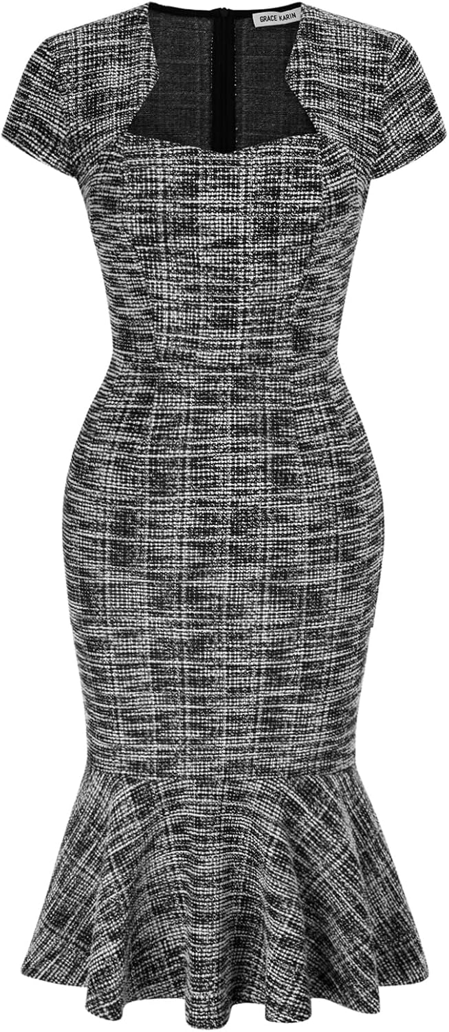 GRACE KARIN Womens Cocktail Dress Fishtail Tweed Bodycon Dresses | Cotton blend stretch fabric, Knee-Length, Cap sleeve, Zipper back, Sweetheart neck, Party wedding guest midi dress