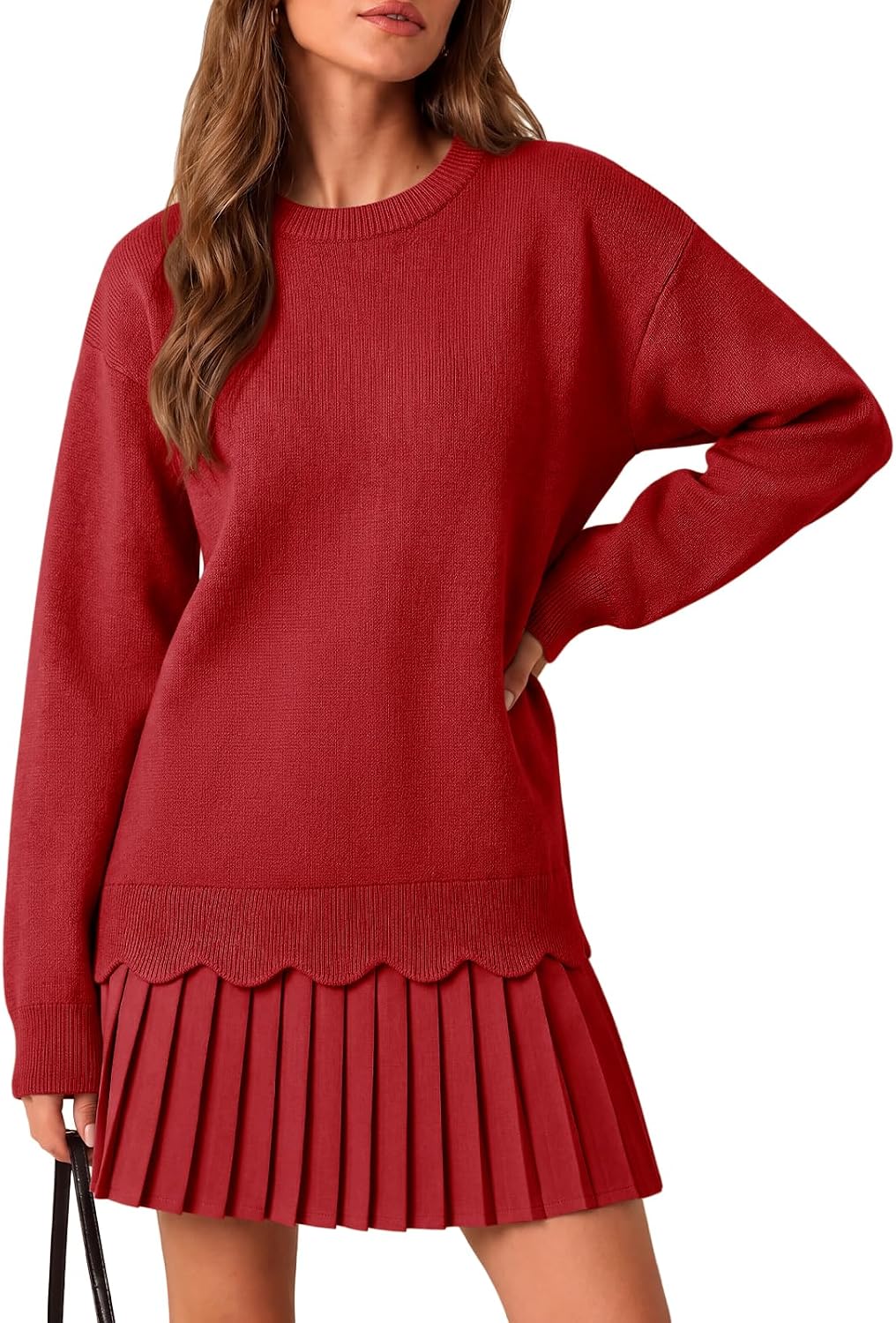 Saodimallsu Womens Pleated Sweater Dress Long Sleeve Crewneck Trendy Cute Loose Knit Fall Mini Dresses