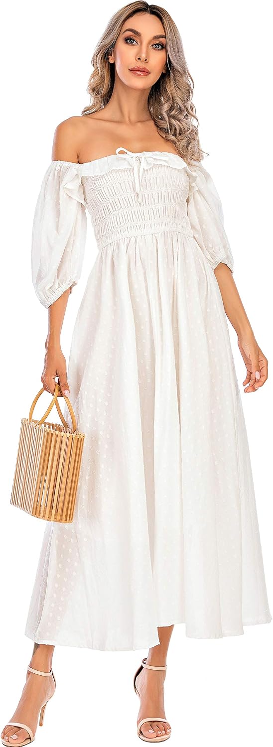 R.Vivimos Women Summer Cotton A Line Flowy Long Dresses | Half Sleeve, Ruffled, Vintage Elegant, Smocked Backless Dress, Maternity Shoot, Baby Shower, Casual Vacation Outfits