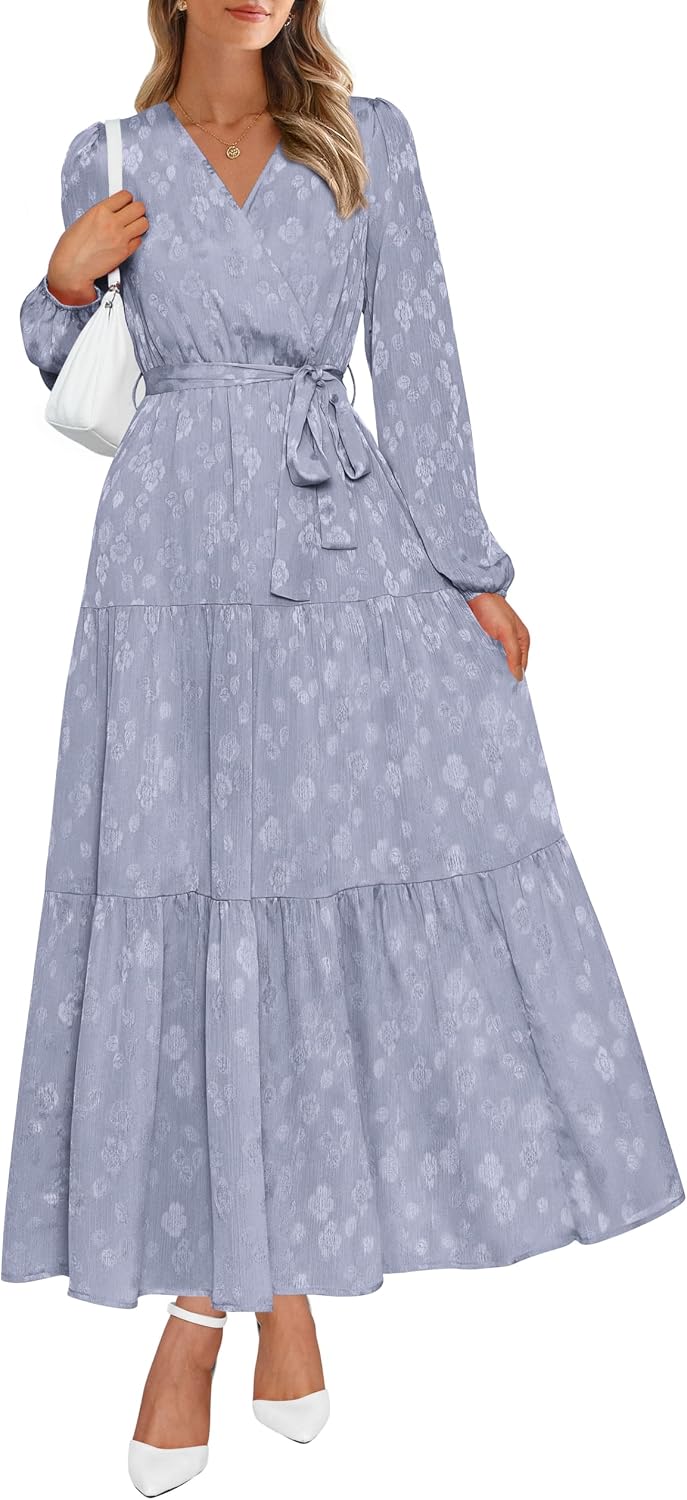 PRETTYGARDEN Womens Long Sleeve Boho Floral Wrap Maxi Dress | Fall Wedding Guest Dresses 2026, Chiffon Flowy Long Dresses, Casual Tie Waist V Neck Dress, Modest A Line Ruffle Tiered Dress