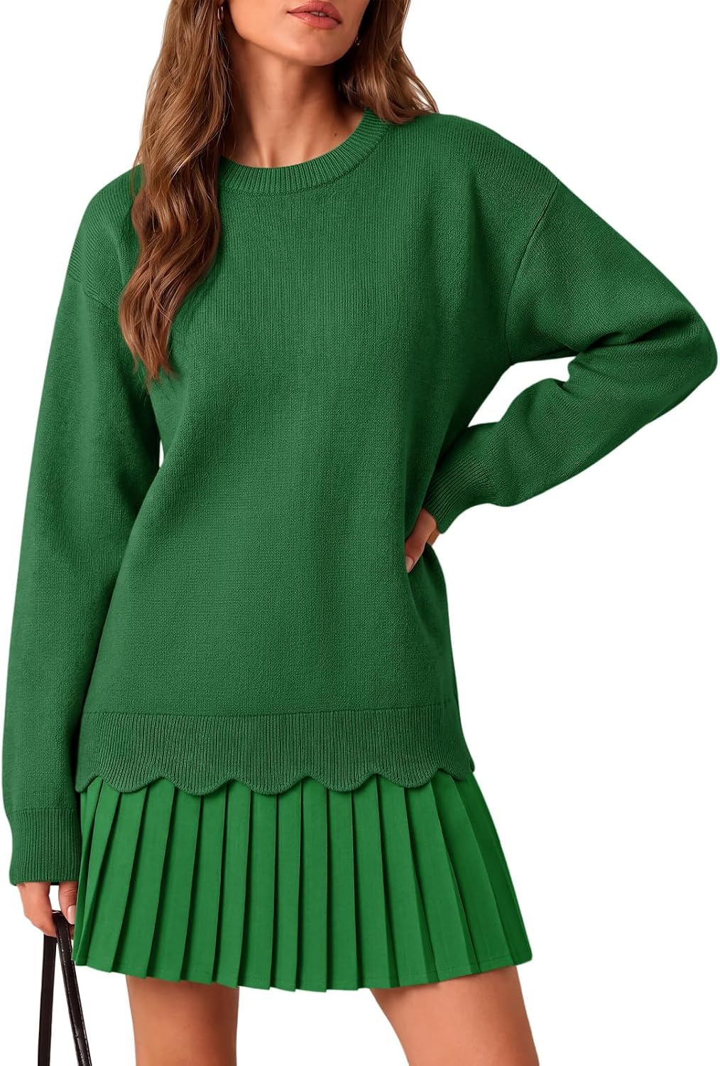 Saodimallsu Womens Pleated Sweater Dress Long Sleeve Crewneck Trendy Cute Loose Knit Fall Mini Dresses
