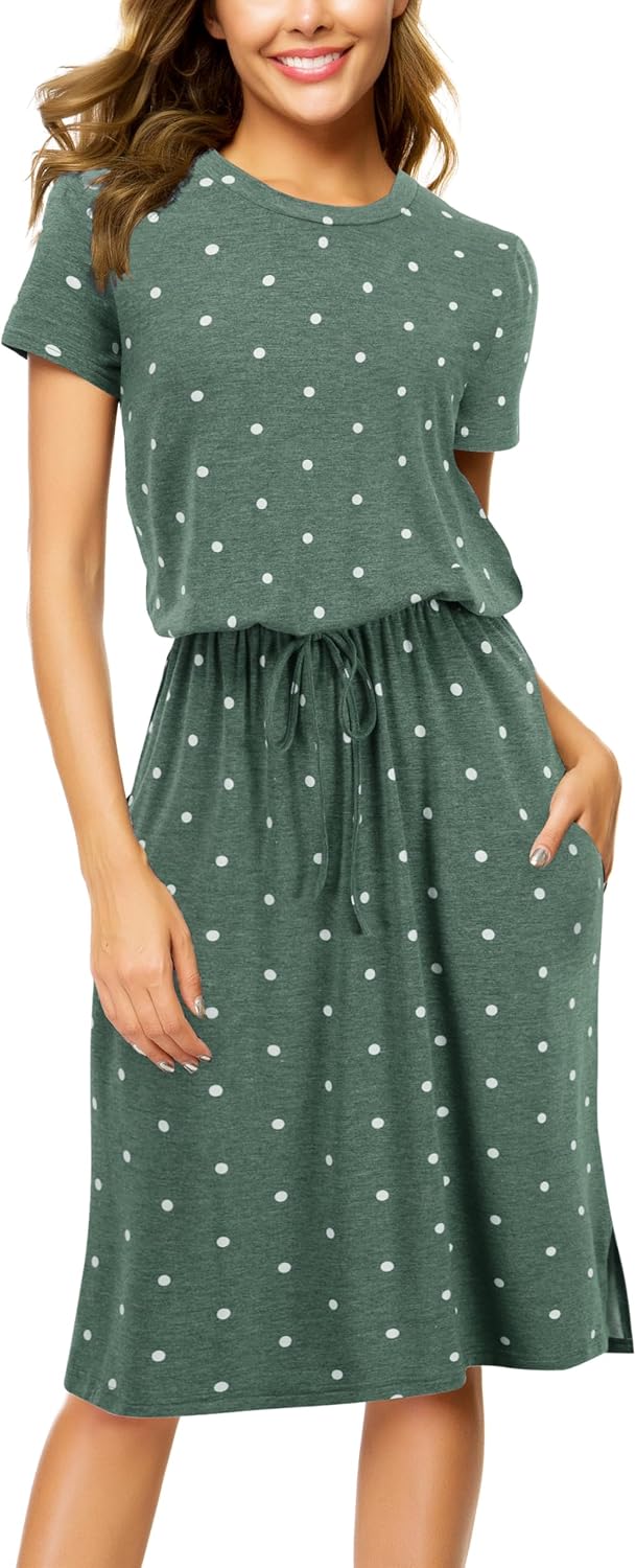 Simier Fariry Womens Summer Hide Belly Knee Length Travel Dress Pocket Short Sleeve Midi Work Casual Outfits