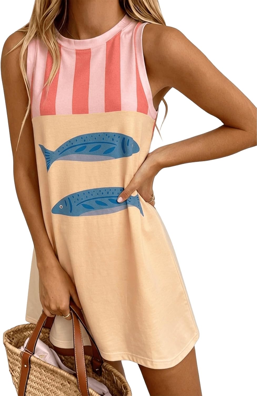 LOVESHOOT Womens Tank Dresses Summer Casual Mini Sleeveless Crew Neck Novelty Floral Printed Sundress Loose A Line Dress