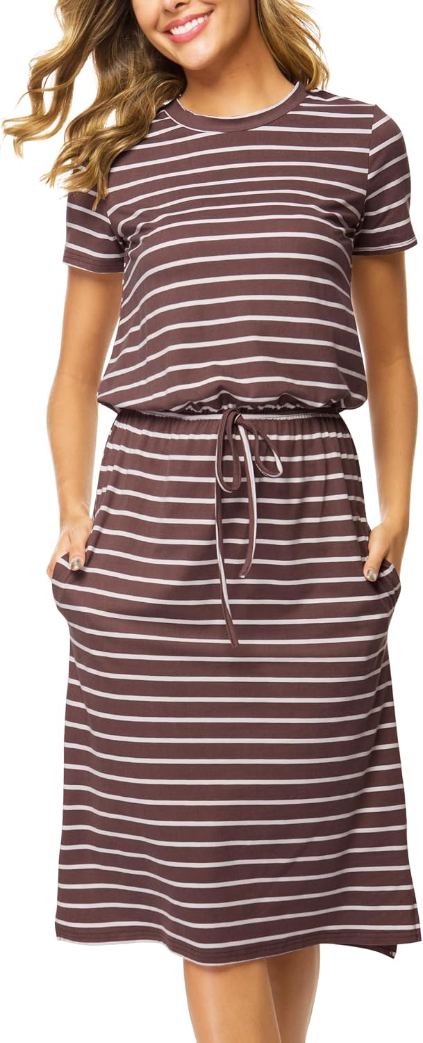 Simier Fariry Womens Summer Hide Belly Knee Length Travel Dress Pocket Short Sleeve Midi Work Casual Outfits