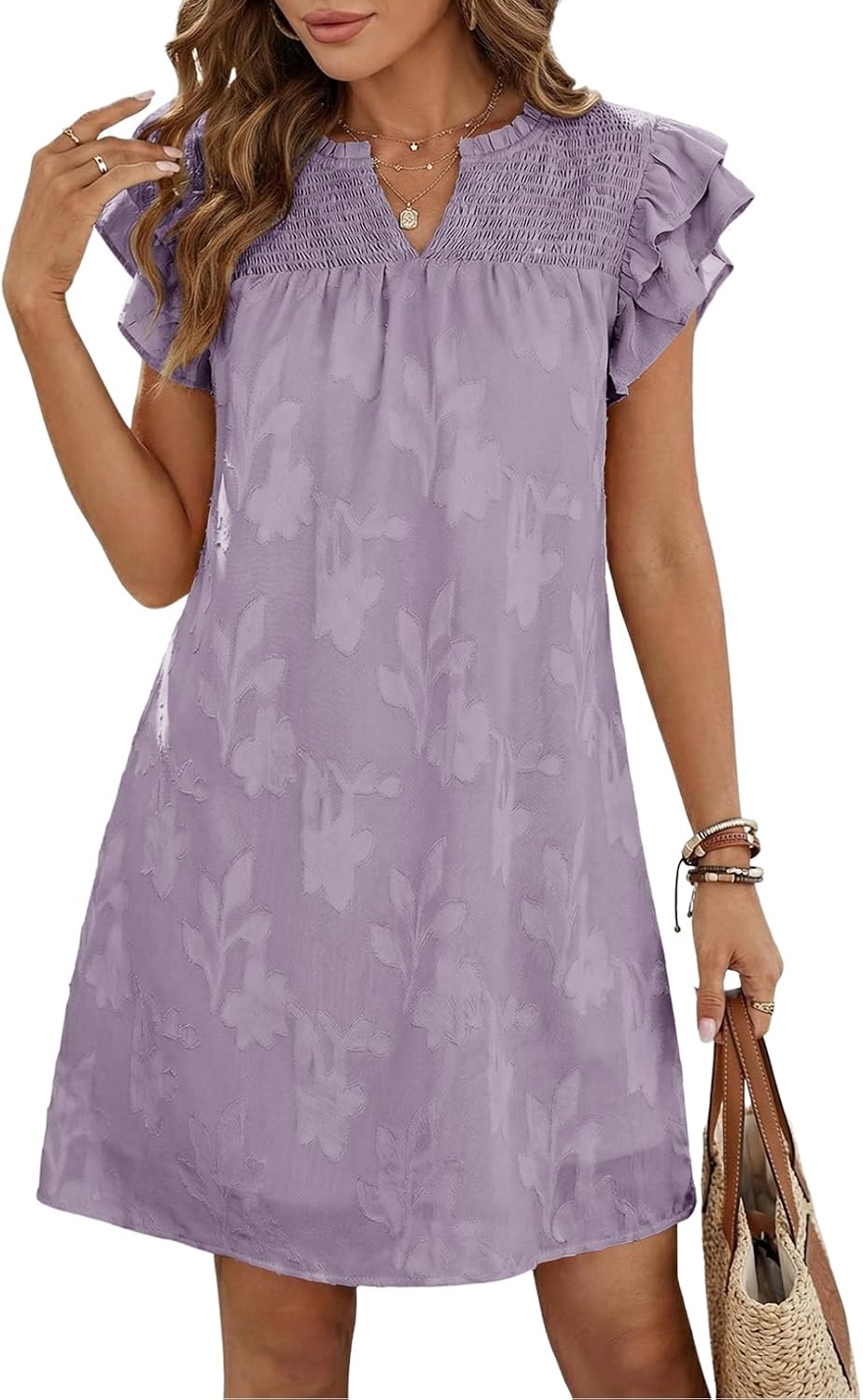 Dokotoo Womens Summer Dresses 2026 Ruffle Short Sleeve Casual V Neck Smocked Floral Burnout Mini Dress Sundress