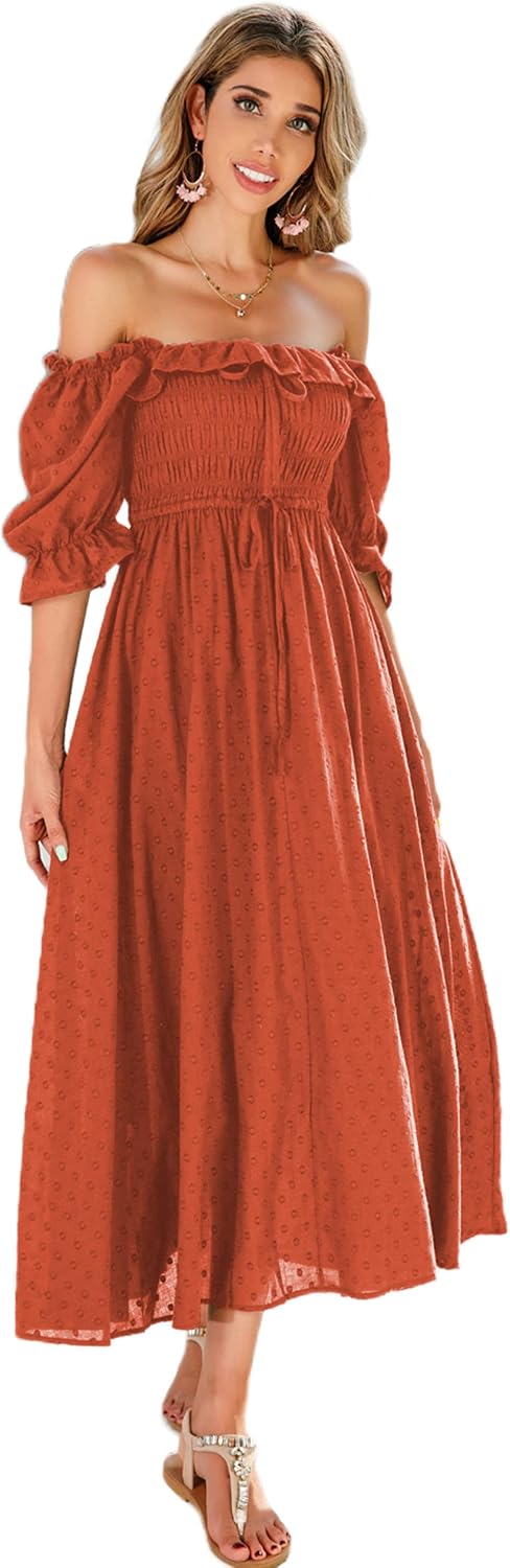 R.Vivimos Women Summer Cotton A Line Flowy Long Dresses | Half Sleeve, Ruffled, Vintage Elegant, Smocked Backless Dress, Maternity Shoot, Baby Shower, Casual Vacation Outfits