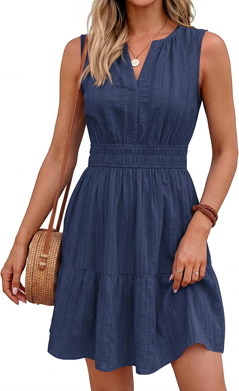 BTFBM Womens Summer 2026 Casual Mini Sundress | Lightweight Sleeveless V Neck,Elastic Waist Flowy A Line Dress,Wedding Guest Dresses Pockets,Cute Boho Beach Vacation Outfits