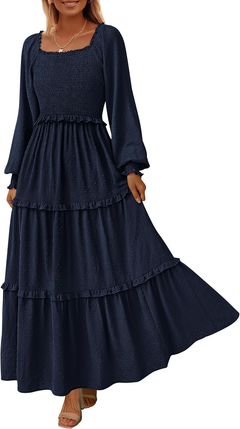PRETTYGARDEN Women's Smocked Long Sleeve Maxi Dress Wedding Guest Dresses | Elegant Fall Vacation Outfits, Square Neck Swiss Dot, High Waist Tiered Ruffle, Pockets, Flowy Boho Spring Party Clothes