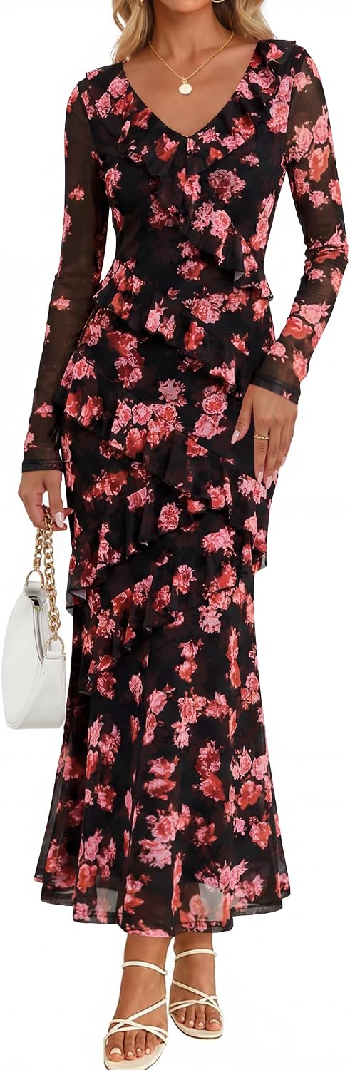 ZESICA Wedding Guest Dresses for Women Fall Long Sleeve Floral Maxi Dress | 2026 Early Fall Fashion, Bodycon, V Neck, Mesh Fabric, Tiered Ruffle, Boho Long Dress, Baby Shower, Cocktail, Bridal Dress
