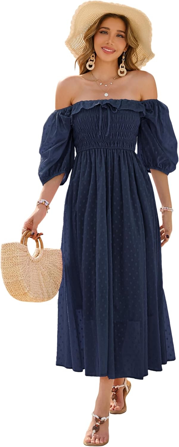 R.Vivimos Women Summer Cotton A Line Flowy Long Dresses | Half Sleeve, Ruffled, Vintage Elegant, Smocked Backless Dress, Maternity Shoot, Baby Shower, Casual Vacation Outfits