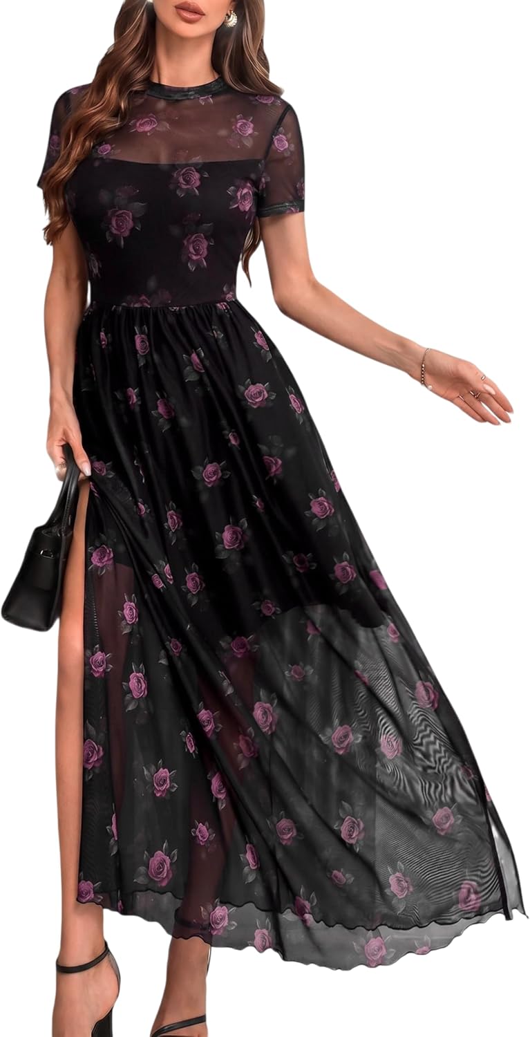 GothDark Women's Floral Mesh Short Sleeve Wedding Guest Maxi Dress | High Slit, Waist-Cinched, Soft Stretchy Fabric, A-Line Dress for Cocktail Party, Date Night, Dinner