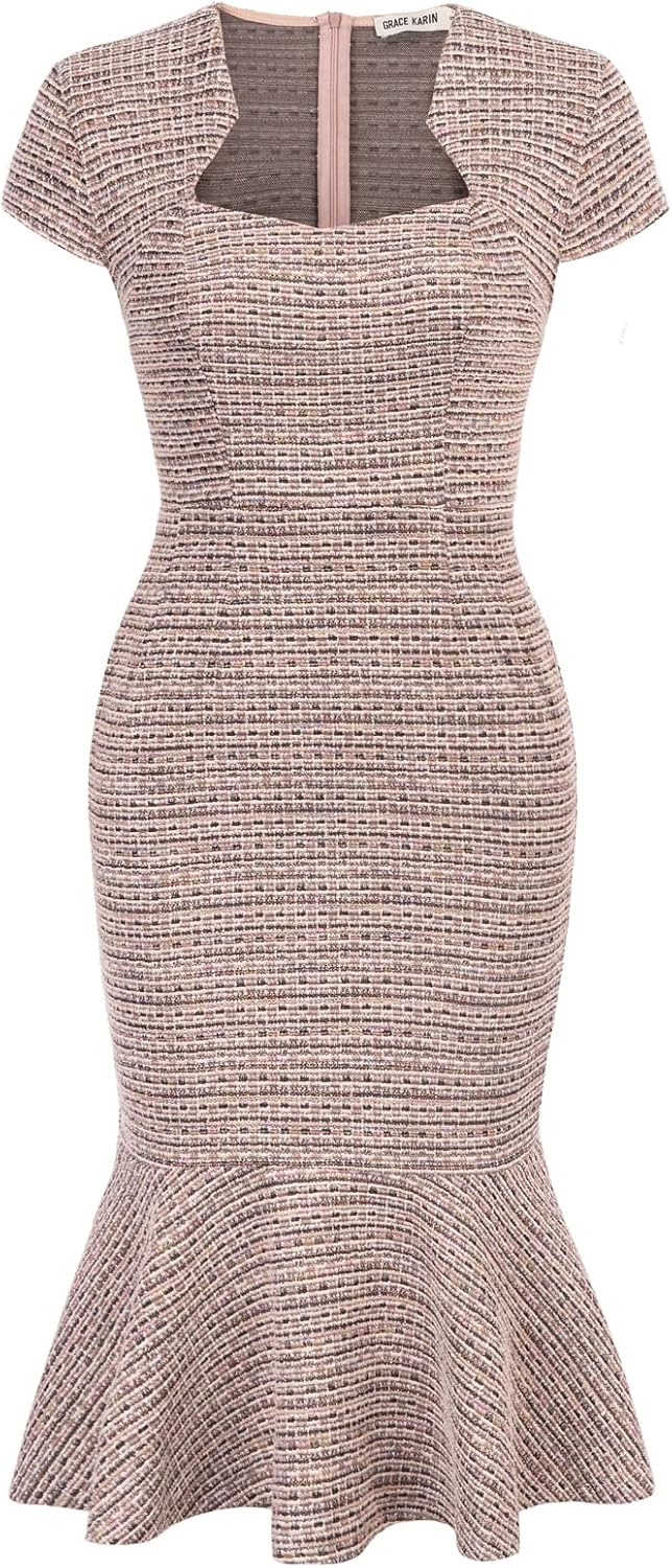 GRACE KARIN Womens Cocktail Dress Fishtail Tweed Bodycon Dresses | Cotton blend stretch fabric, Knee-Length, Cap sleeve, Zipper back, Sweetheart neck, Party wedding guest midi dress