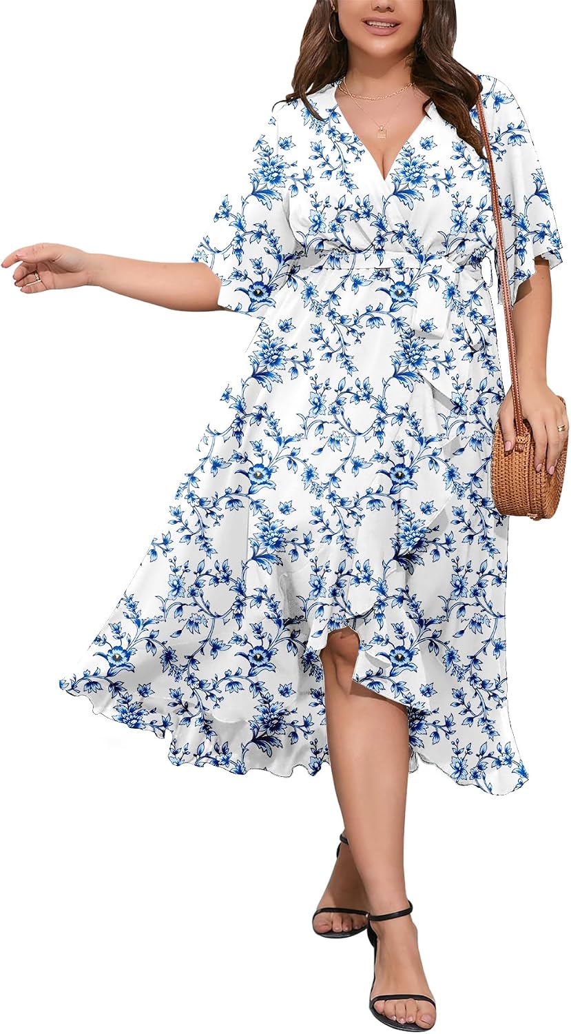 SCOMCHIC Women Plus Size Wedding Guest Maxi Dress | Short Sleeve, Wrap V Neck, High Low, Split, Ruffle Long Dress