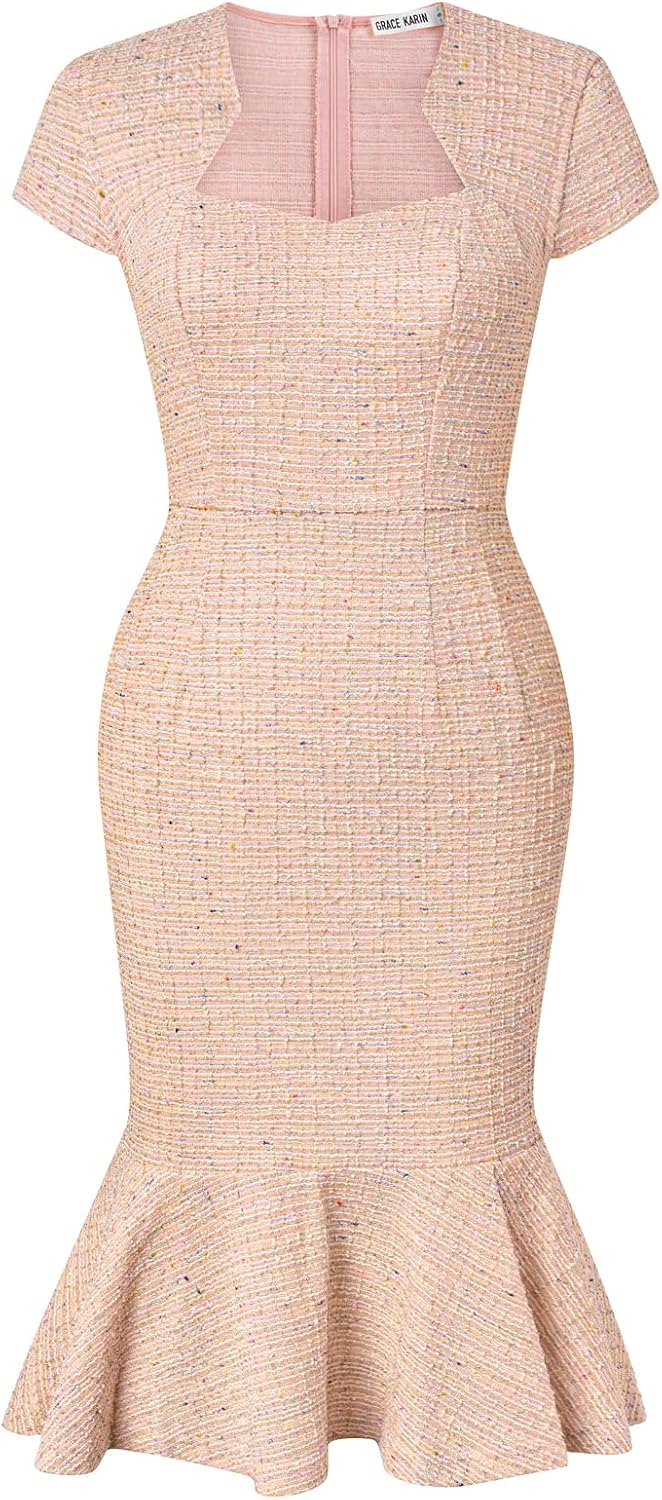 GRACE KARIN Womens Cocktail Dress Fishtail Tweed Bodycon Dresses | Cotton blend stretch fabric, Knee-Length, Cap sleeve, Zipper back, Sweetheart neck, Party wedding guest midi dress