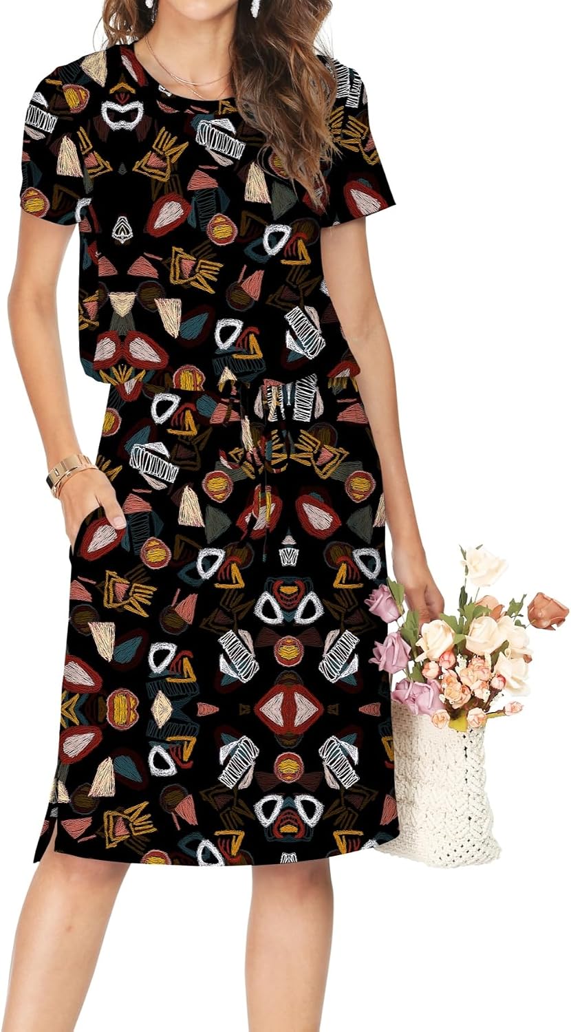 Simier Fariry Womens Summer Hide Belly Knee Length Travel Dress Pocket Short Sleeve Midi Work Casual Outfits