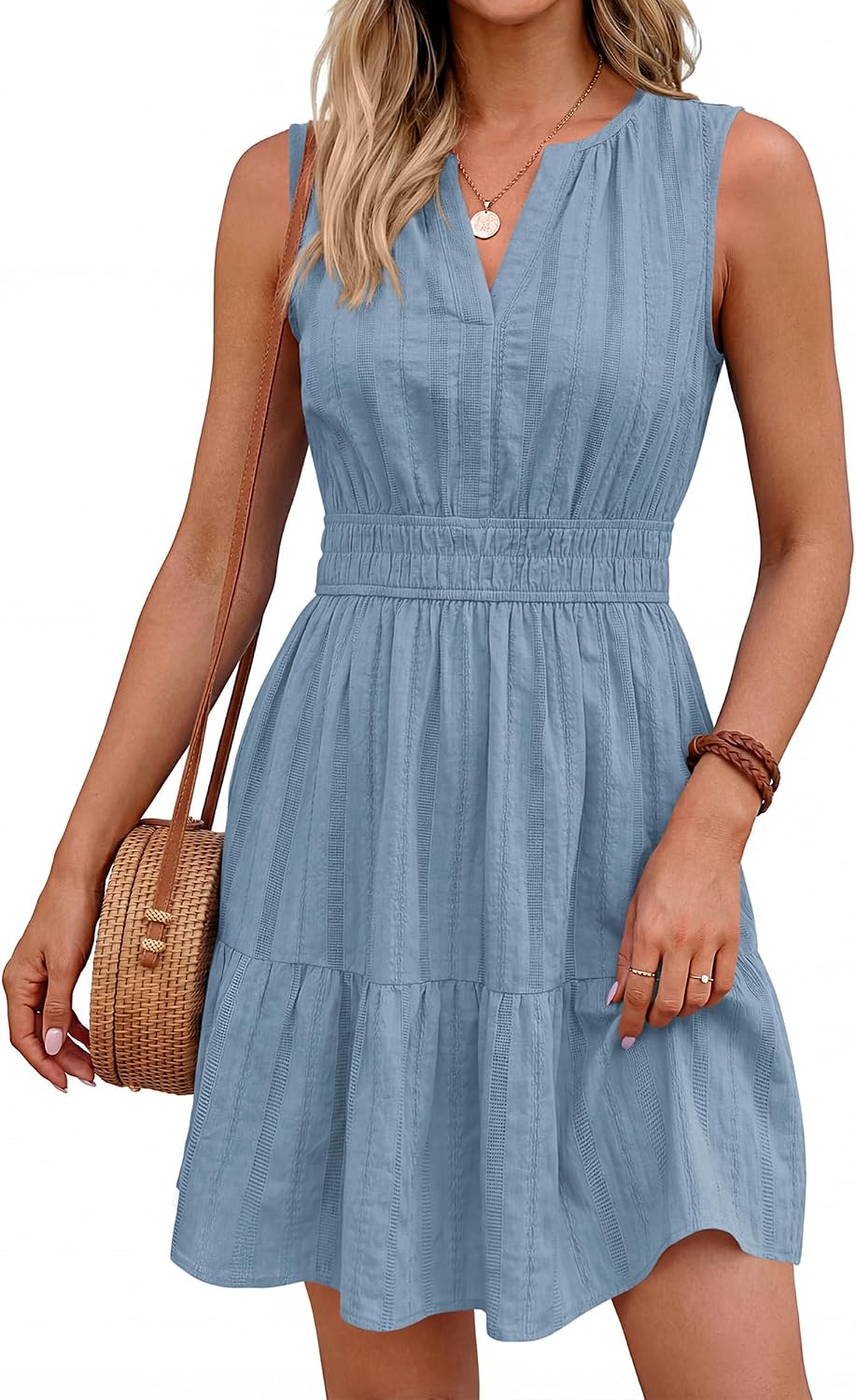 BTFBM Womens Summer 2026 Casual Mini Sundress | Lightweight Sleeveless V Neck,Elastic Waist Flowy A Line Dress,Wedding Guest Dresses Pockets,Cute Boho Beach Vacation Outfits