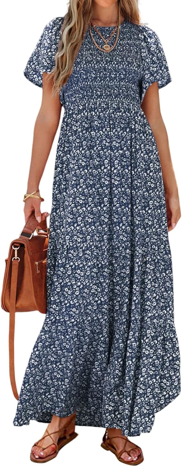 PRETTYGARDEN Women's 2026 Summer Casual Flutter Sleeve Floral Maxi Dress | Crew Neck Short Sleeve Dress, Smocked Top High Waisted Wedding Guest Dresses for Women, Tiered Hem Flowy Boho Long Dresses