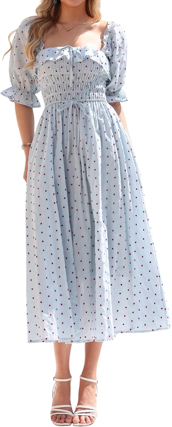 R.Vivimos Women Summer Cotton A Line Flowy Long Dresses | Half Sleeve, Ruffled, Vintage Elegant, Smocked Backless Dress, Maternity Shoot, Baby Shower, Casual Vacation Outfits