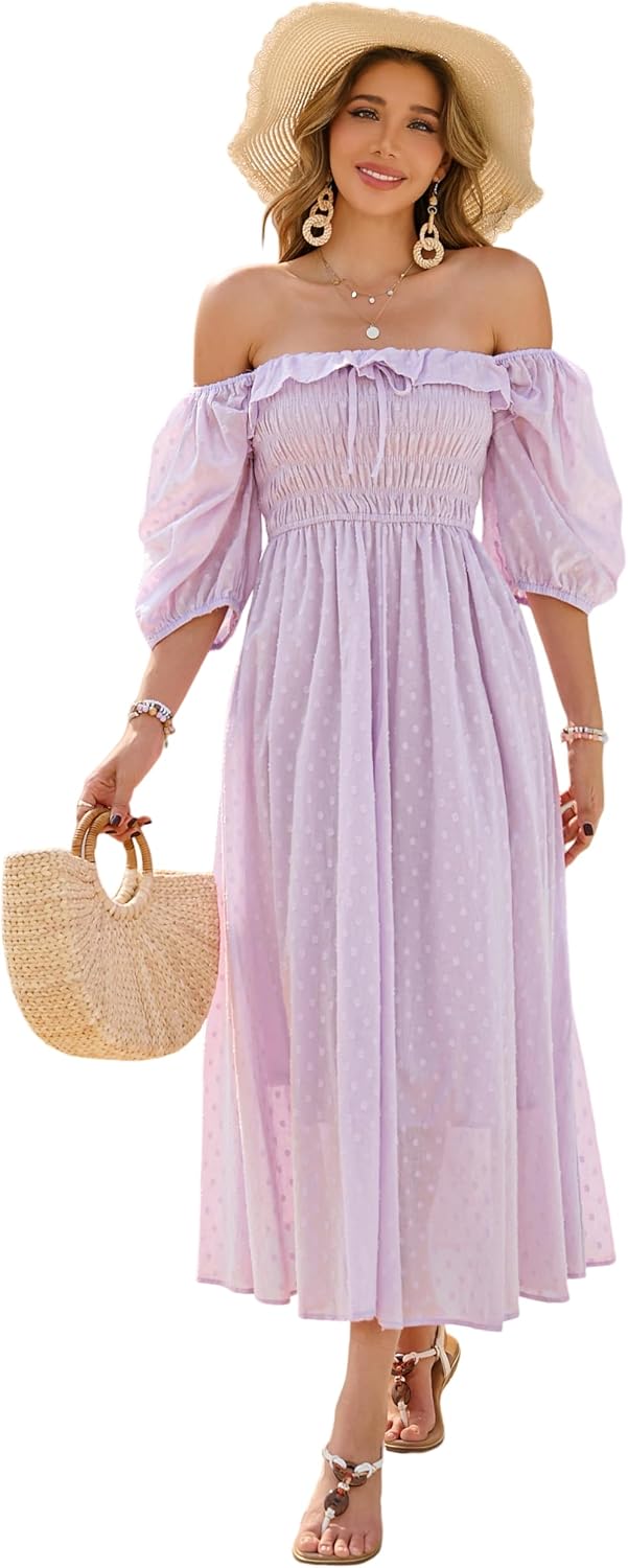 R.Vivimos Women Summer Cotton A Line Flowy Long Dresses | Half Sleeve, Ruffled, Vintage Elegant, Smocked Backless Dress, Maternity Shoot, Baby Shower, Casual Vacation Outfits