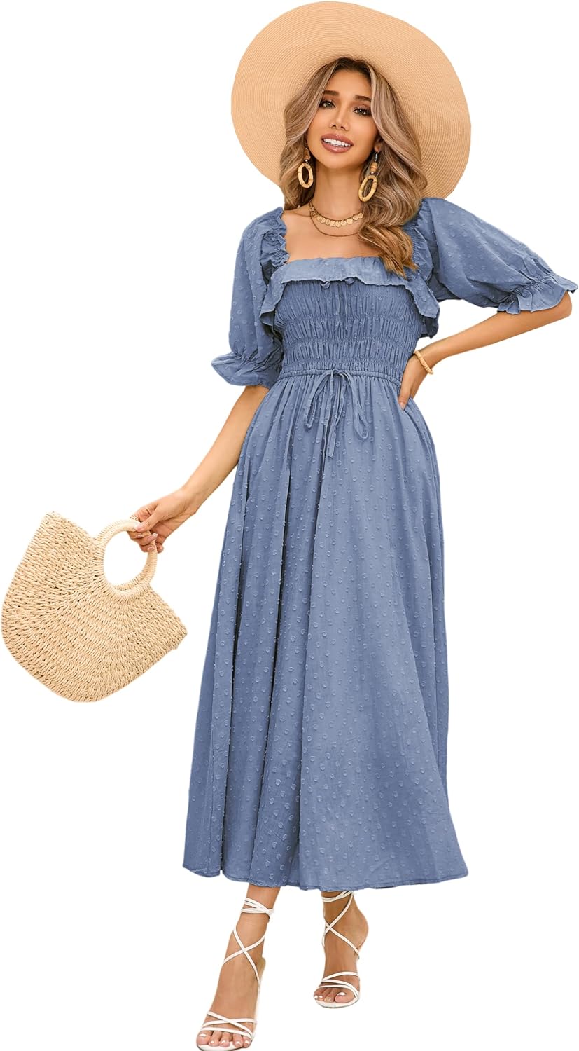 R.Vivimos Women Summer Cotton A Line Flowy Long Dresses | Half Sleeve, Ruffled, Vintage Elegant, Smocked Backless Dress, Maternity Shoot, Baby Shower, Casual Vacation Outfits