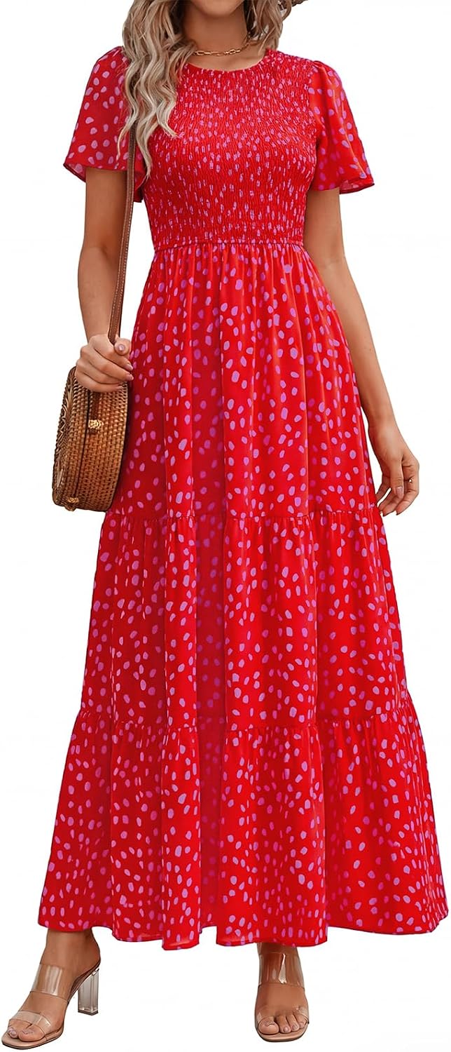 PRETTYGARDEN Women's 2026 Summer Casual Flutter Sleeve Floral Maxi Dress | Crew Neck Short Sleeve Dress, Smocked Top High Waisted Wedding Guest Dresses for Women, Tiered Hem Flowy Boho Long Dresses