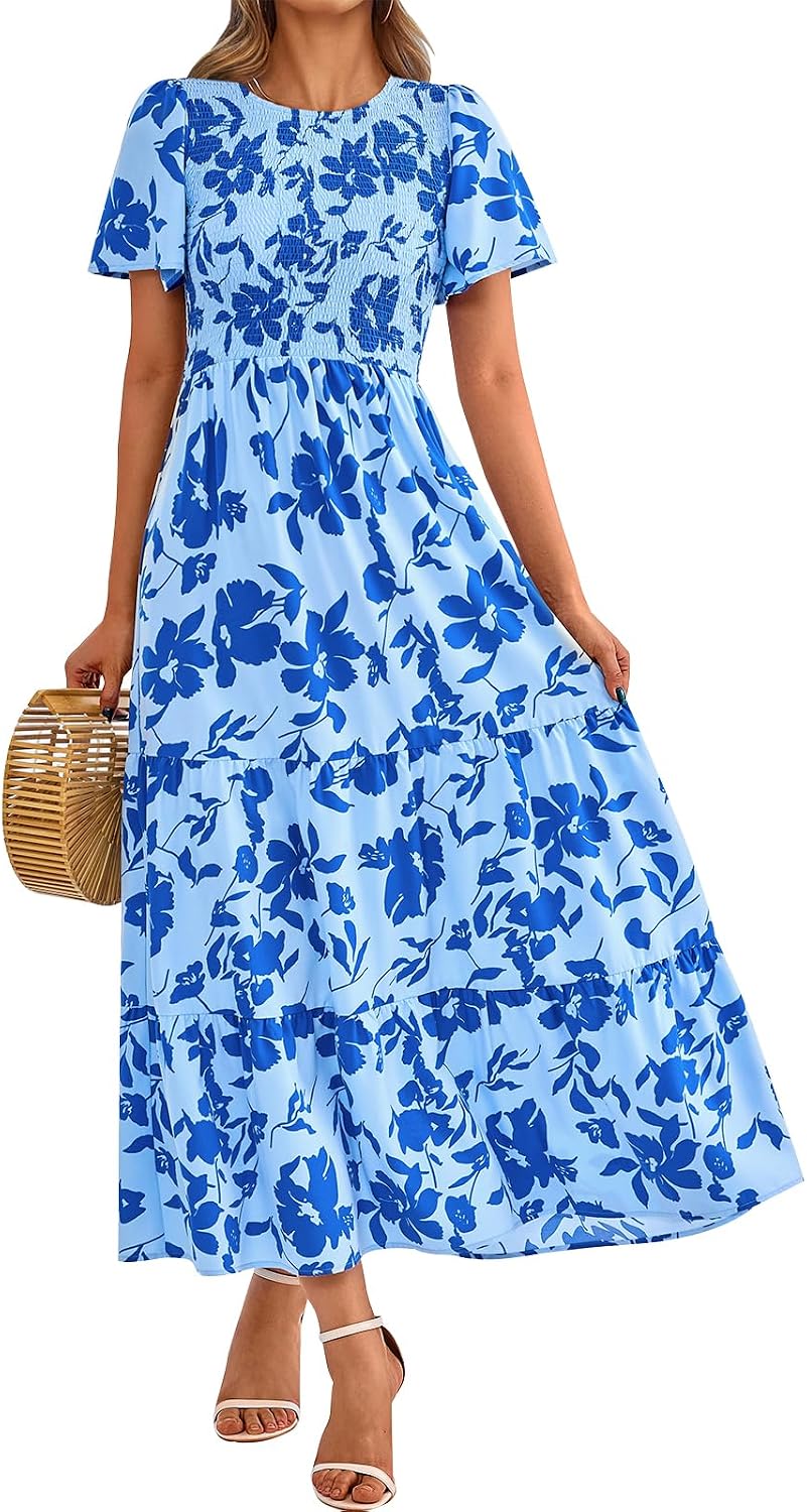 PRETTYGARDEN Women's 2026 Summer Casual Flutter Sleeve Floral Maxi Dress | Crew Neck Short Sleeve Dress, Smocked Top High Waisted Wedding Guest Dresses for Women, Tiered Hem Flowy Boho Long Dresses
