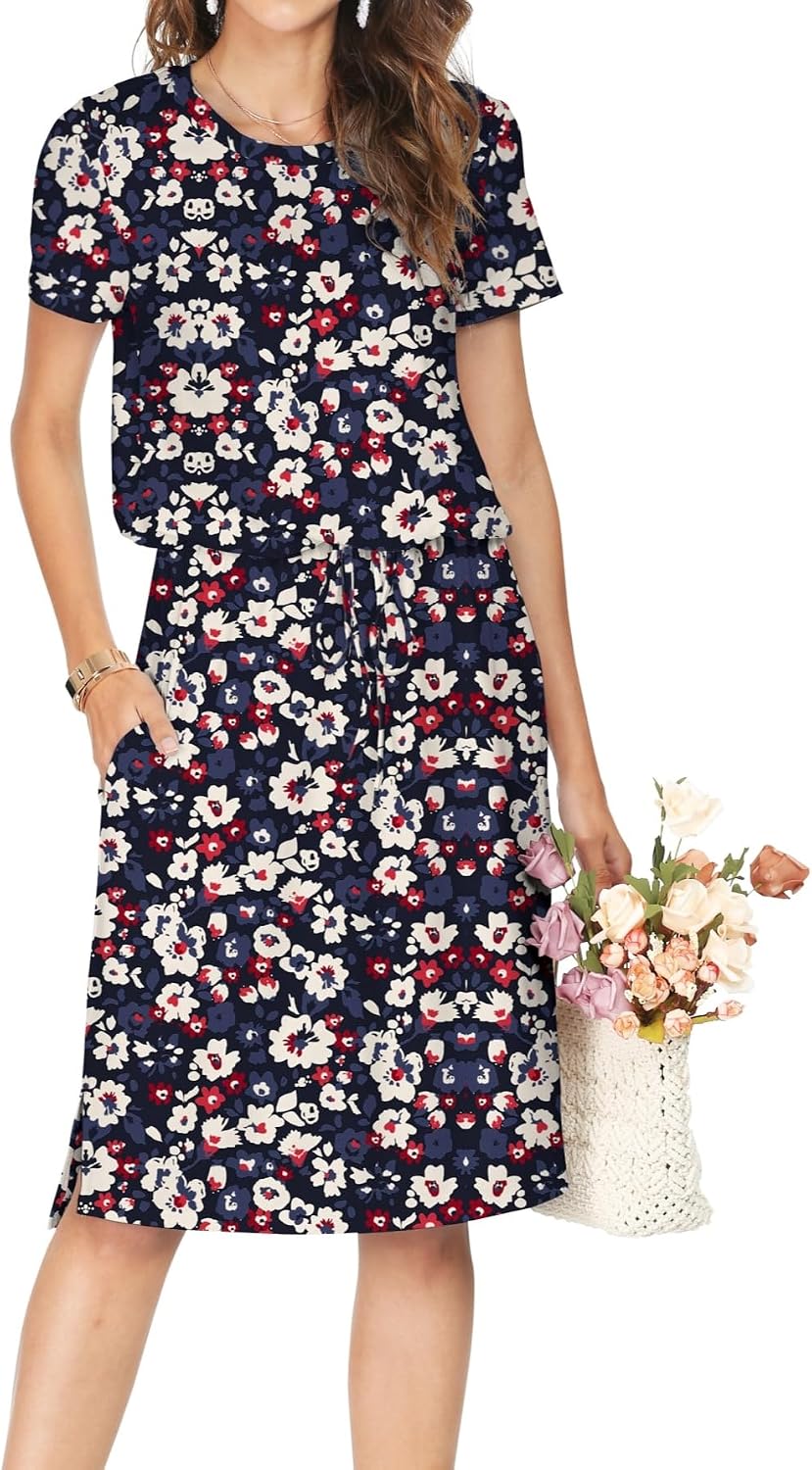 Simier Fariry Womens Summer Hide Belly Knee Length Travel Dress Pocket Short Sleeve Midi Work Casual Outfits