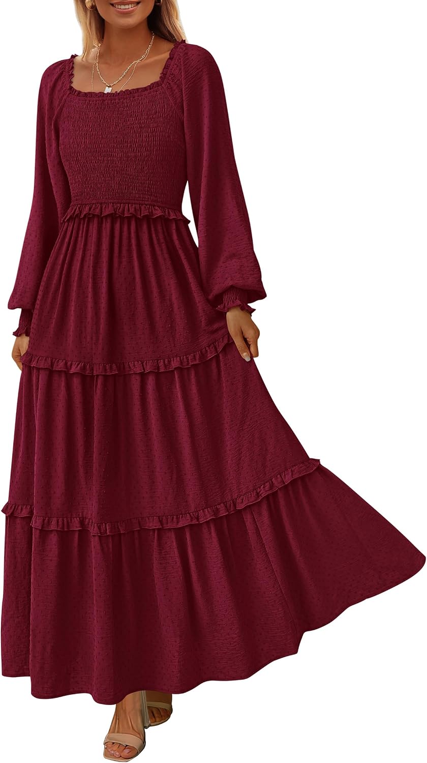 PRETTYGARDEN Women's Smocked Long Sleeve Maxi Dress Wedding Guest Dresses | Elegant Fall Vacation Outfits, Square Neck Swiss Dot, High Waist Tiered Ruffle, Pockets, Flowy Boho Spring Party Clothes