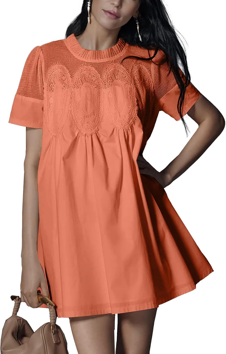 Shiyifa Womens Lace Babydoll Mini Dresses Summer Short Sleeve Sundress | A-Line Baby doll Dress with Lining, Sheer Mesh Patchwork, 2 Pockets, Boho Ruffled Sundress for Daily, Beach and Vacation