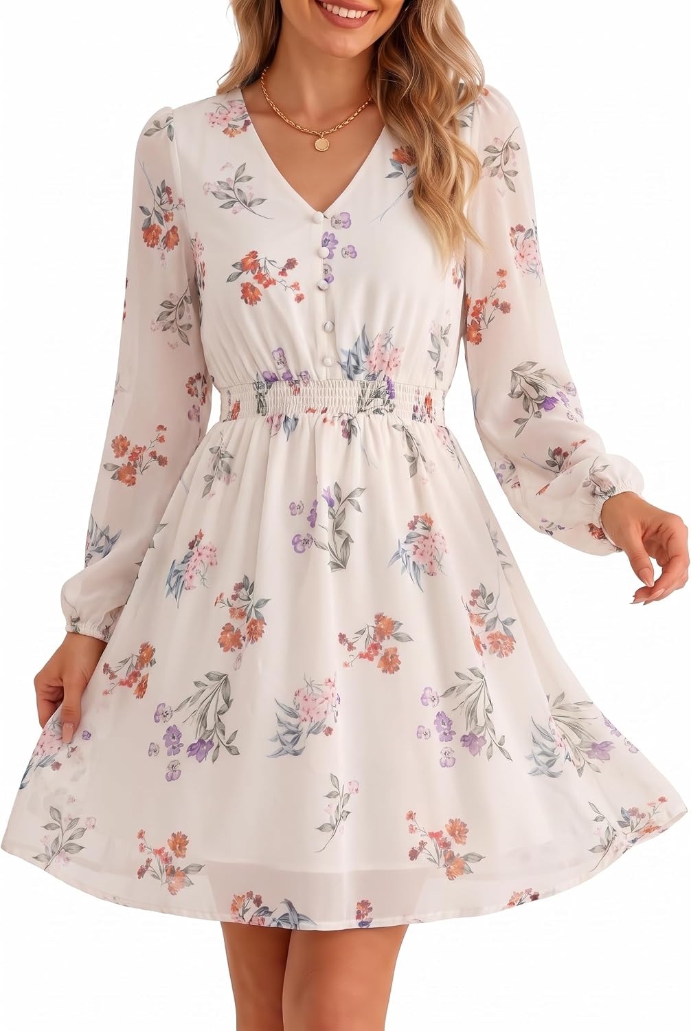 GERT COREL Womens Floral Mini Dress, V Neck Long Sleeve Chiffon A Line | Flowy Fall Dress for Women, Wedding Guest Dress, Floral Short Dress, Boho Dress, Garden Party, Bridal Shower, Date Night