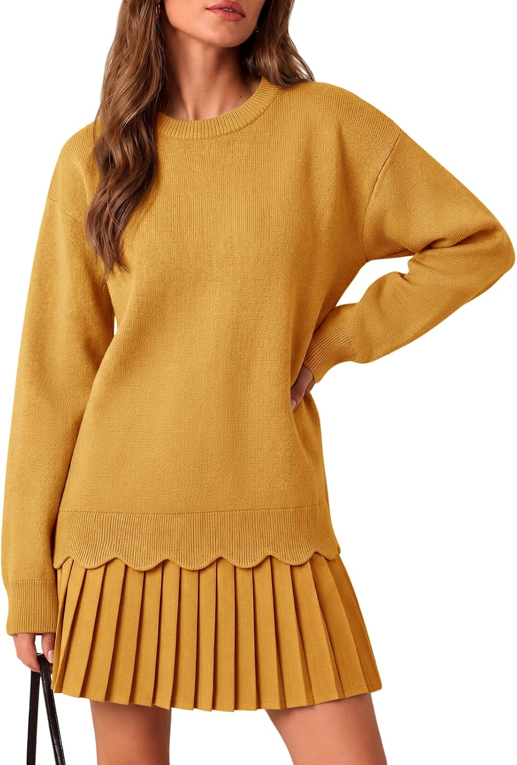Saodimallsu Womens Pleated Sweater Dress Long Sleeve Crewneck Trendy Cute Loose Knit Fall Mini Dresses
