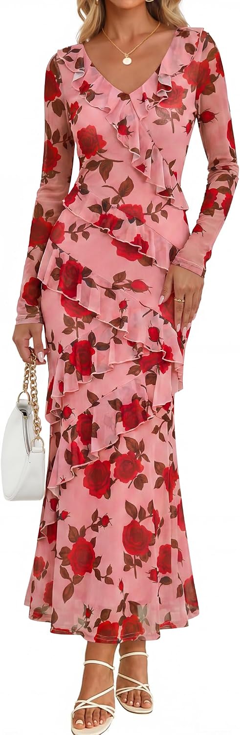 ZESICA Wedding Guest Dresses for Women Fall Long Sleeve Floral Maxi Dress | 2026 Early Fall Fashion, Bodycon, V Neck, Mesh Fabric, Tiered Ruffle, Boho Long Dress, Baby Shower, Cocktail, Bridal Dress