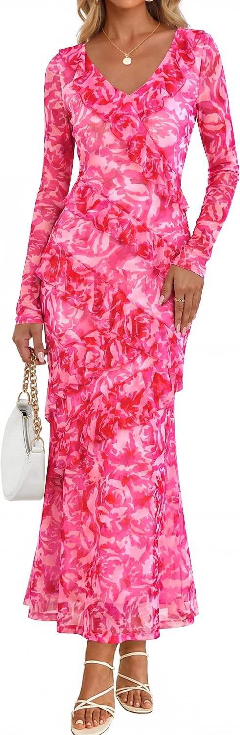 ZESICA Wedding Guest Dresses for Women Fall Long Sleeve Floral Maxi Dress | 2026 Early Fall Fashion, Bodycon, V Neck, Mesh Fabric, Tiered Ruffle, Boho Long Dress, Baby Shower, Cocktail, Bridal Dress