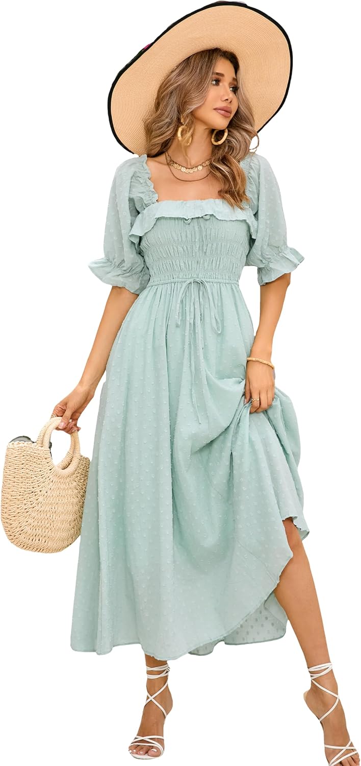 R.Vivimos Women Summer Cotton A Line Flowy Long Dresses | Half Sleeve, Ruffled, Vintage Elegant, Smocked Backless Dress, Maternity Shoot, Baby Shower, Casual Vacation Outfits