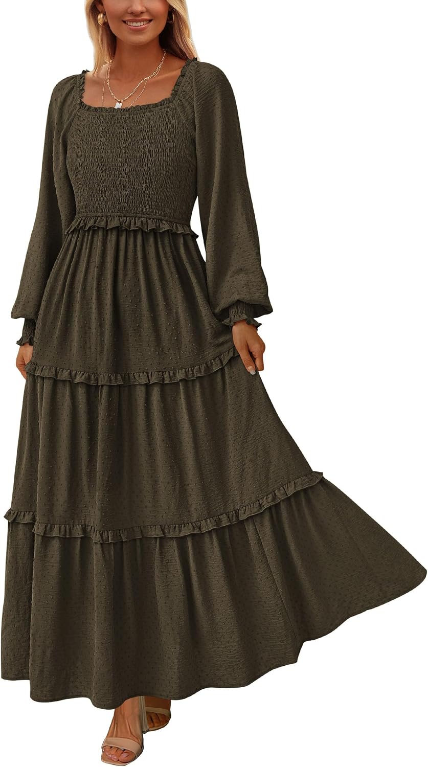 PRETTYGARDEN Women's Smocked Long Sleeve Maxi Dress Wedding Guest Dresses | Elegant Fall Vacation Outfits, Square Neck Swiss Dot, High Waist Tiered Ruffle, Pockets, Flowy Boho Spring Party Clothes