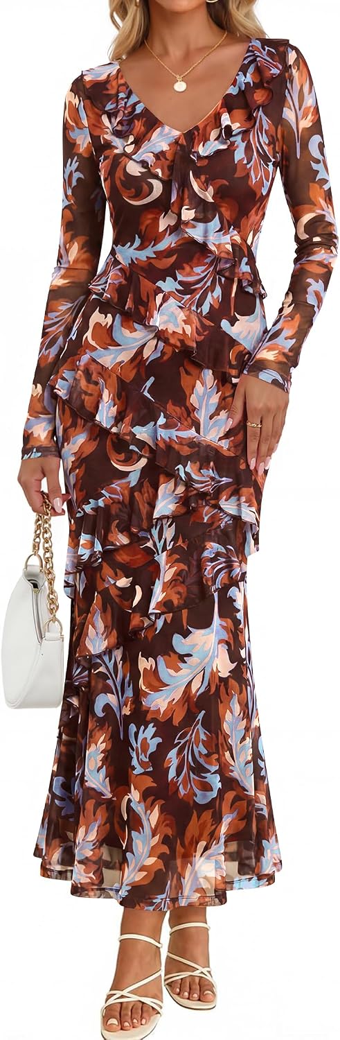 ZESICA Wedding Guest Dresses for Women Fall Long Sleeve Floral Maxi Dress | 2026 Early Fall Fashion, Bodycon, V Neck, Mesh Fabric, Tiered Ruffle, Boho Long Dress, Baby Shower, Cocktail, Bridal Dress