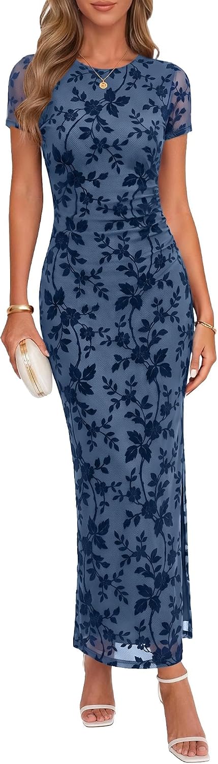 Chunpin Women's 2026 Floral Bodycon Maxi Dress Formal Cocktail Dresses | Wedding Guest Dresses for Women, Ruched Mesh, Elegant Dress, Party Dress, Crew Neck&Short Sleeve, Slit, Summer