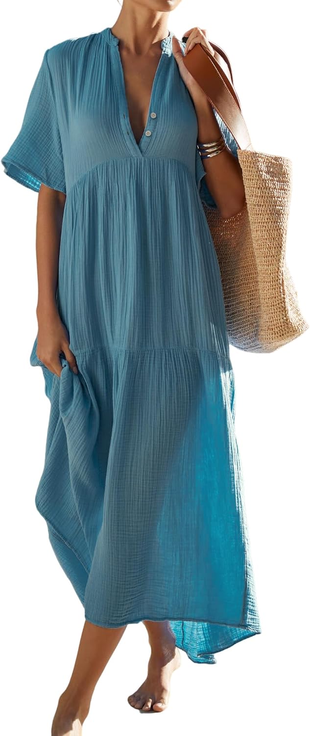 R.Vivimos Womens Summer Cotton Casual Flowy Maxi Dress | Short Sleeve, V Neck, Empire Waist, Boho Tiered Ruffle, Beach Vacation Loose Long Dresses
