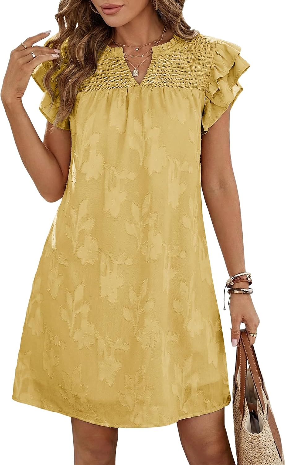 Dokotoo Womens Summer Dresses 2026 Ruffle Short Sleeve Casual V Neck Smocked Floral Burnout Mini Dress Sundress
