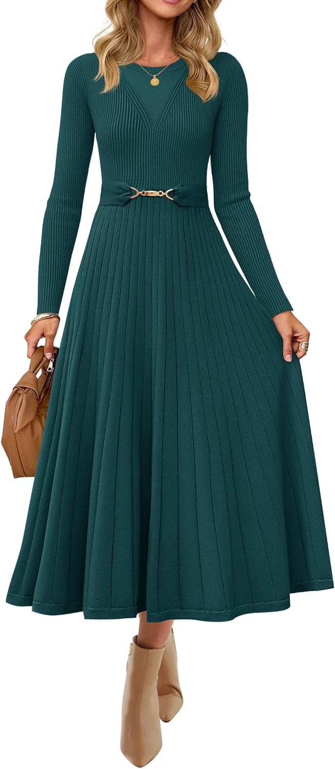 ZESICA Womens Fall Long Sleeve Pleated Midi Sweater Dresses | 2026 Fall Winter Clothes, Crewneck, Soft Knit Fabric, Removable Belted Waist, High Waist, Flowy A Line, Wedding Guest Dresses